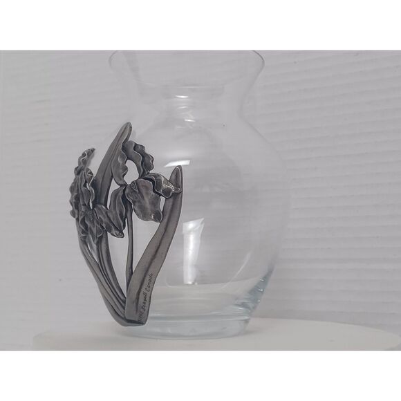 Seagull IRIS 1992 Nova Scotia Canada Vintage Pewter Overlay Clear Art Glass Vase - Picture 15 of 16